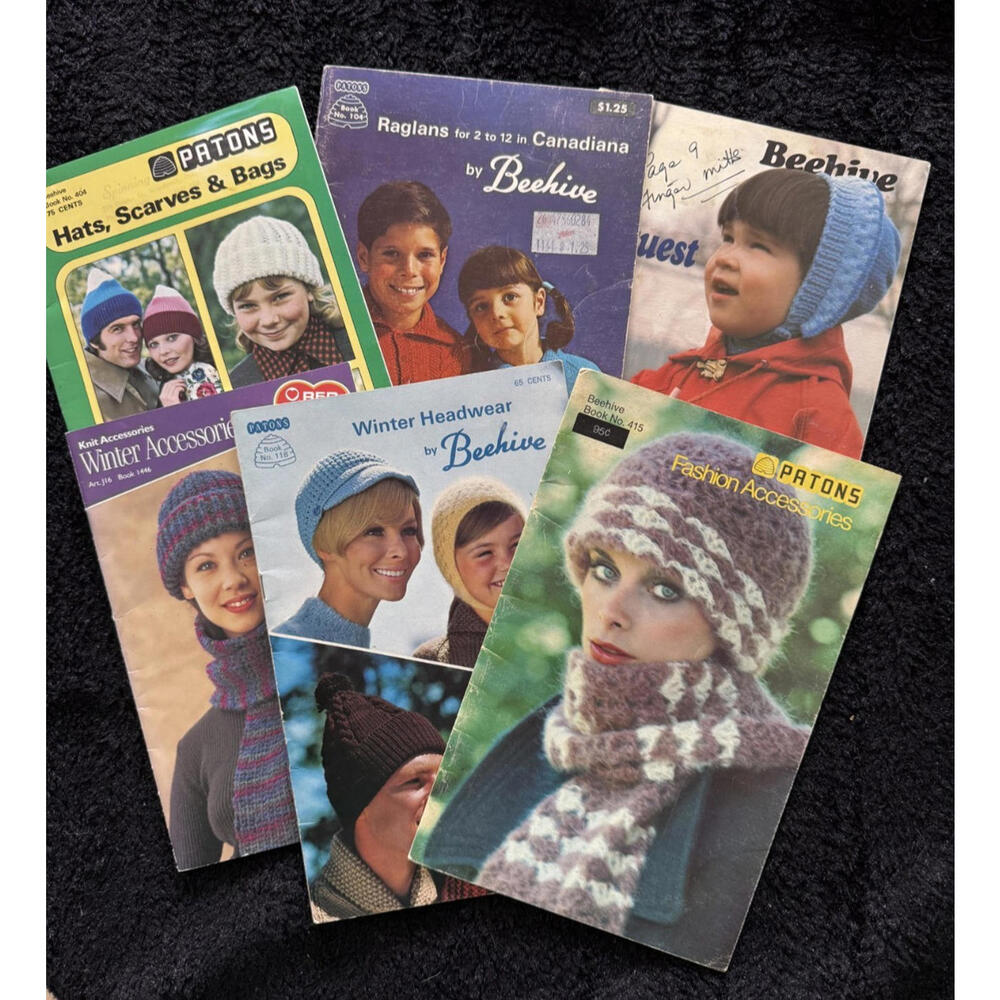 Vintage Patons & Beehive Knitting Pattern Books Lot of 6 1970s–1990s Hats Scarve